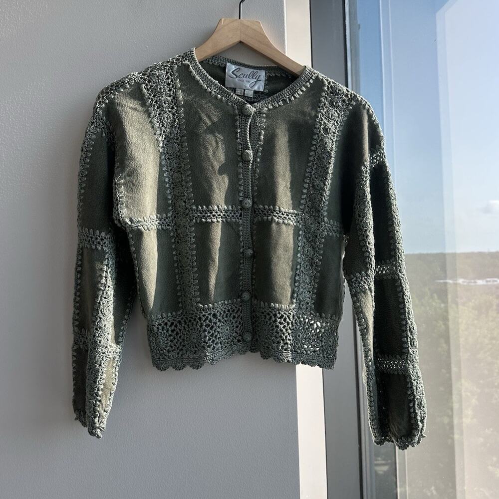 Scully Green Leather Crochet Trim Button Front Short Jacket Women's Size 6